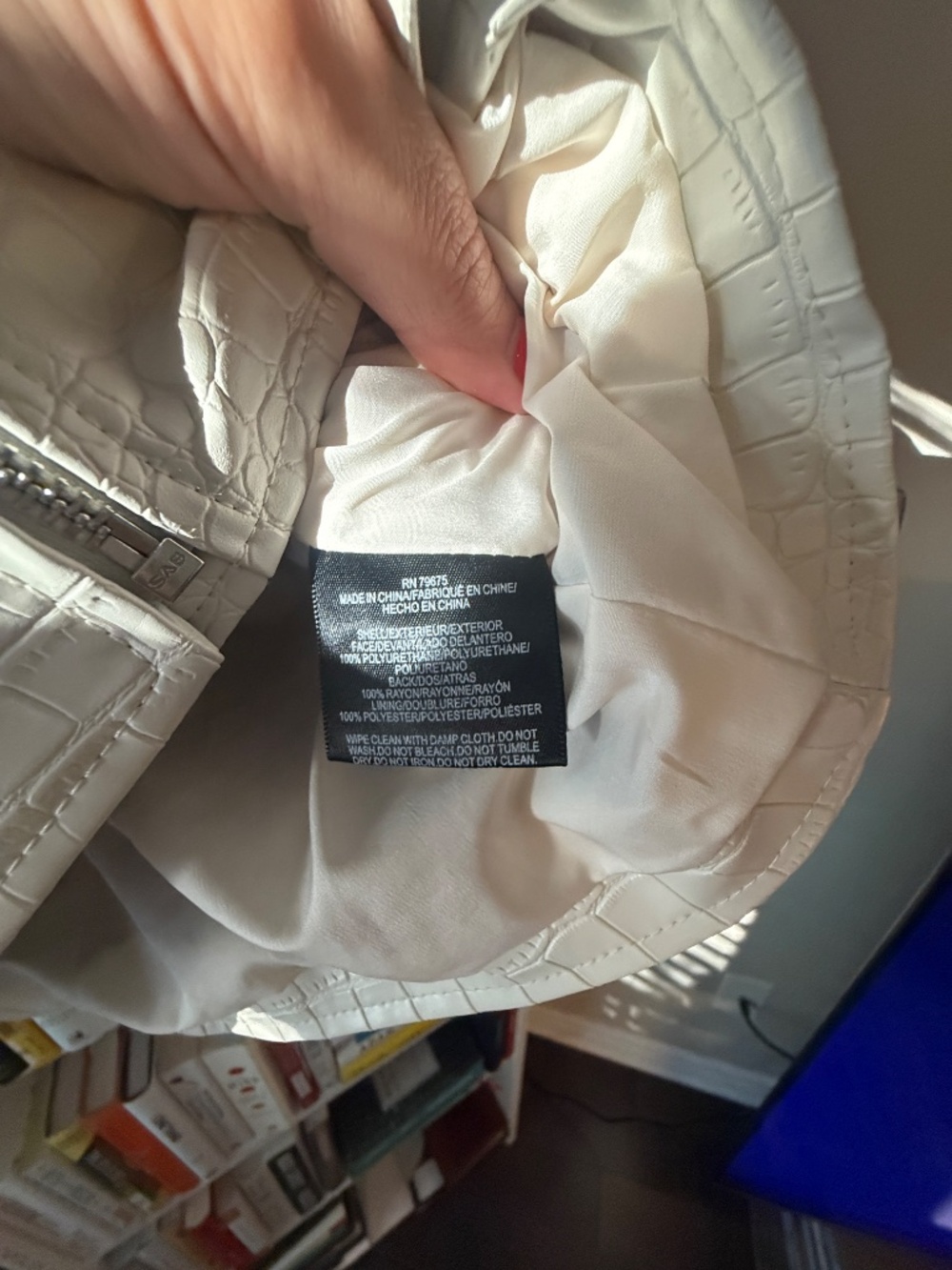 NWOT Karen Millen Cream Croc Embossed Faux Leather Biker Jacket Size Small - Picture 7 of 7